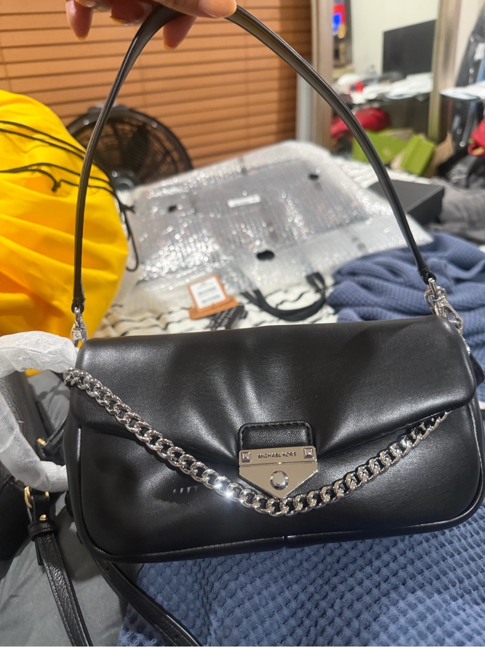 Michael Kors Black Leather Shoulder Bag with Silver Chain